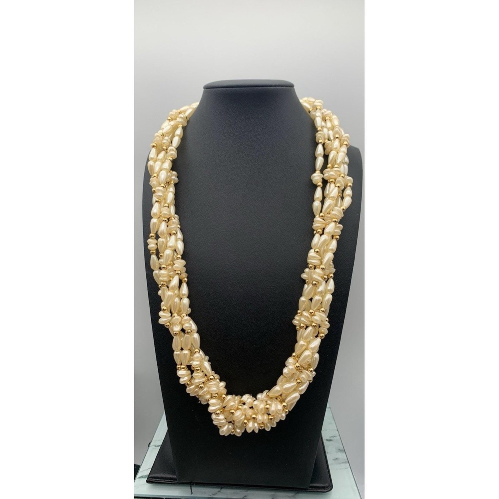 Vintage Gold Tone And Faux Pearl Multi Layered Beaded Plastic Necklace 22"
